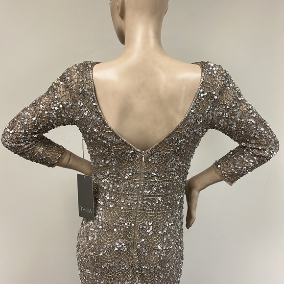 Theia fully beaded long sleeves V-Back midi dress - Picture 8 of 13